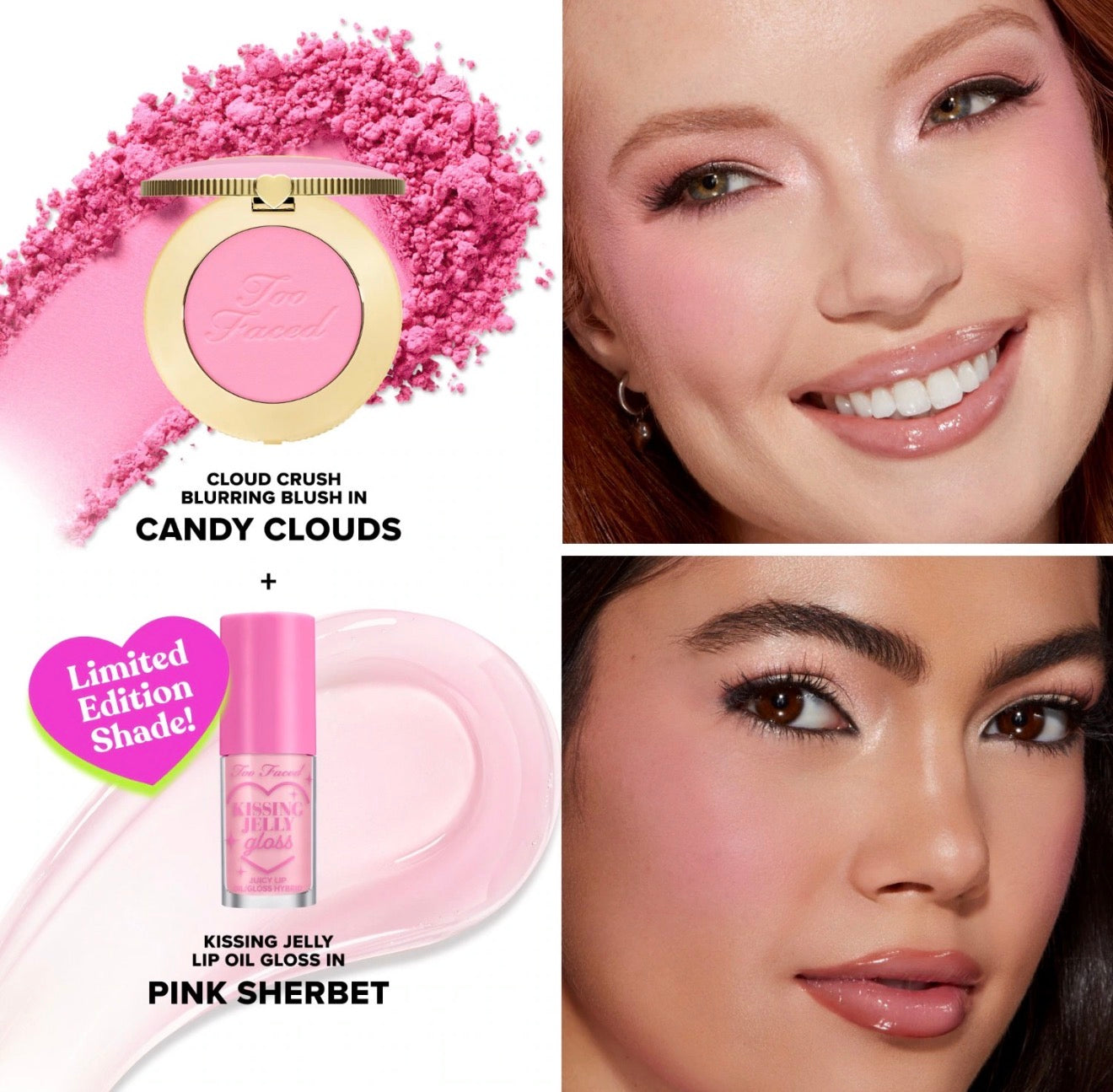 Too Faced Cloud Crush Blush & Kissing Jelly Lip Oil Set - Candy Clouds & Pink Sherbet
